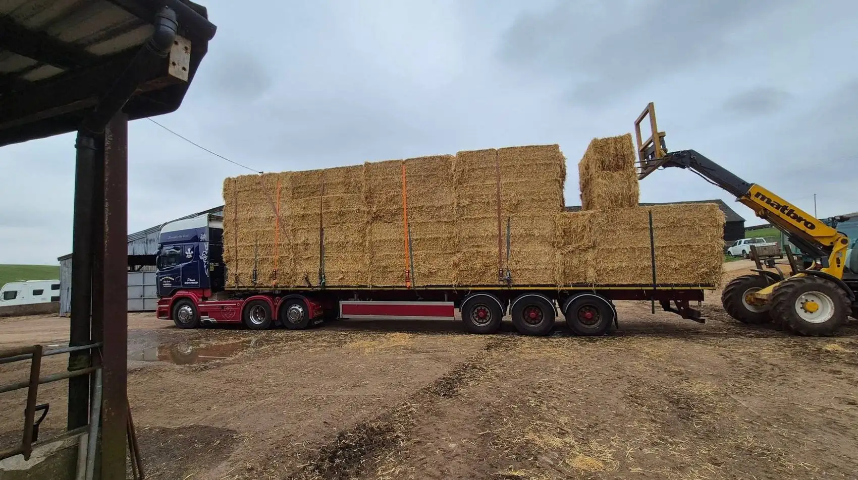 A telehandler lifting a bale of straw onto an R M Faulkner trailer